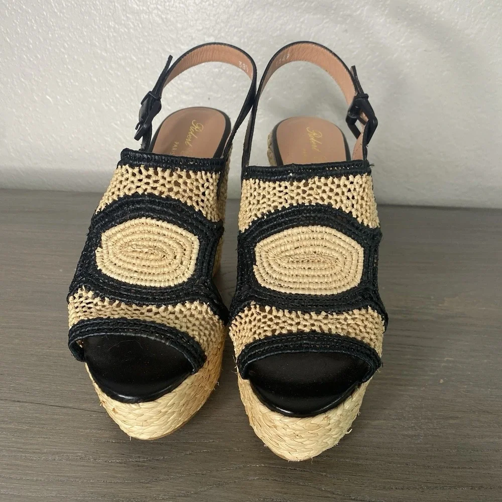 NWOT Robert Clergerie Woven Raffia‎ Wedge Sandal in Natural/Black Sz 8 $550